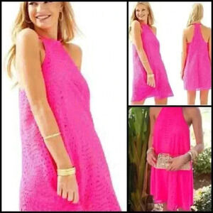 Lilly Pulitzer Quinn Halter Hot Pink Textured Knotty Lace Feminine Swing Dress S